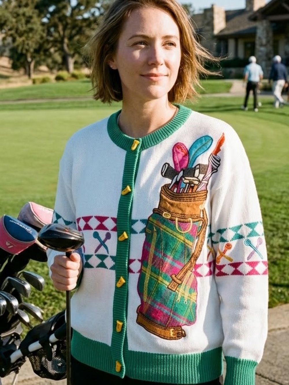 Vintage Lizi Ruch Golf Bag Cardigan Sweater 100% Cotton 90s Grandmacore Sz Small